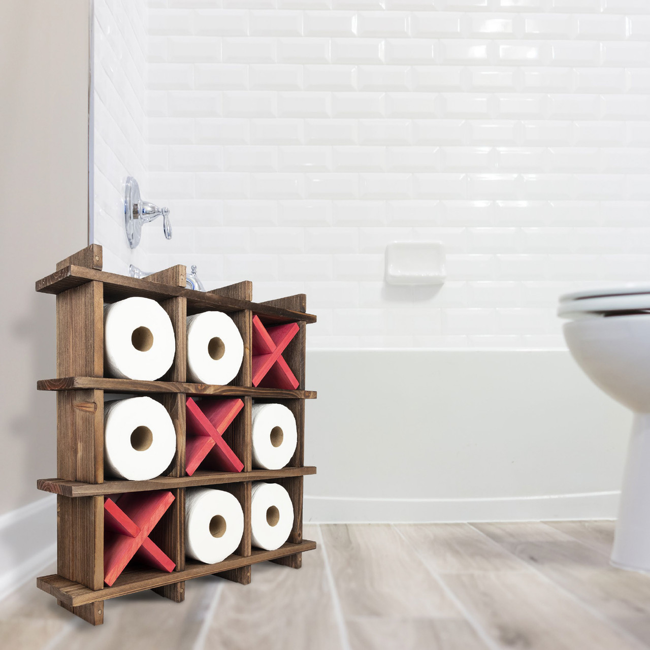 Rustic Wooden Toilet Paper Holder: Tic Tac Toe Design Tissue Roll Storage -  Excello Global Brands