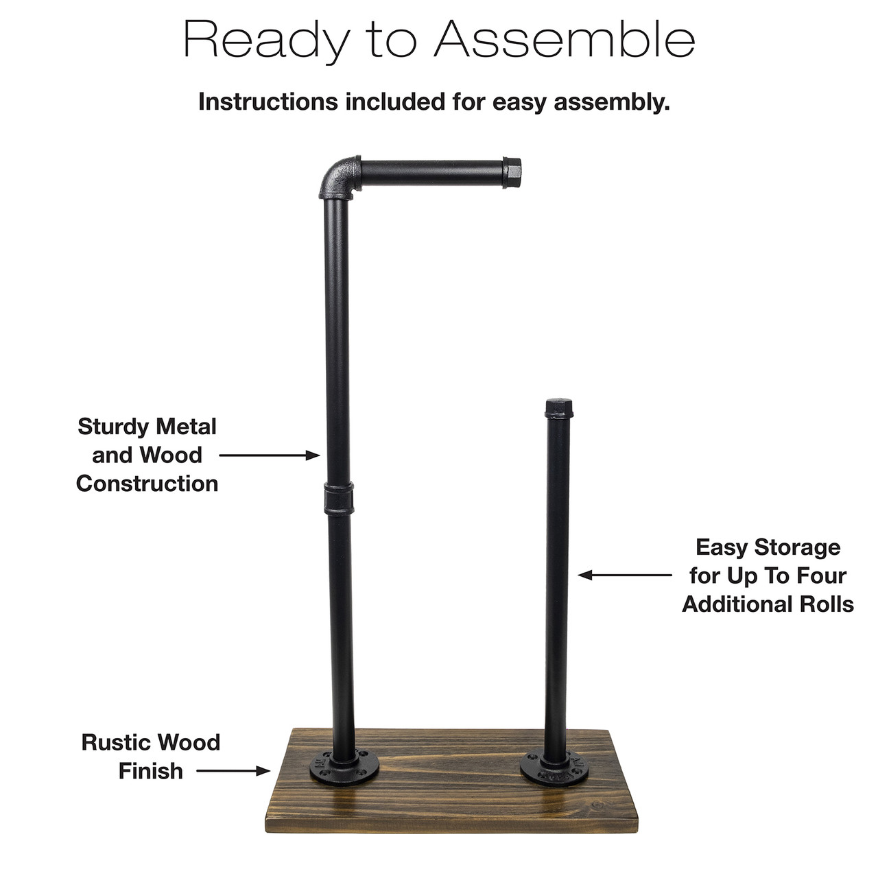 Toilet Paper Holder Stand:Industrial Cast Iron Pipe with Stained Wood  28x15.75 - Excello Global Brands