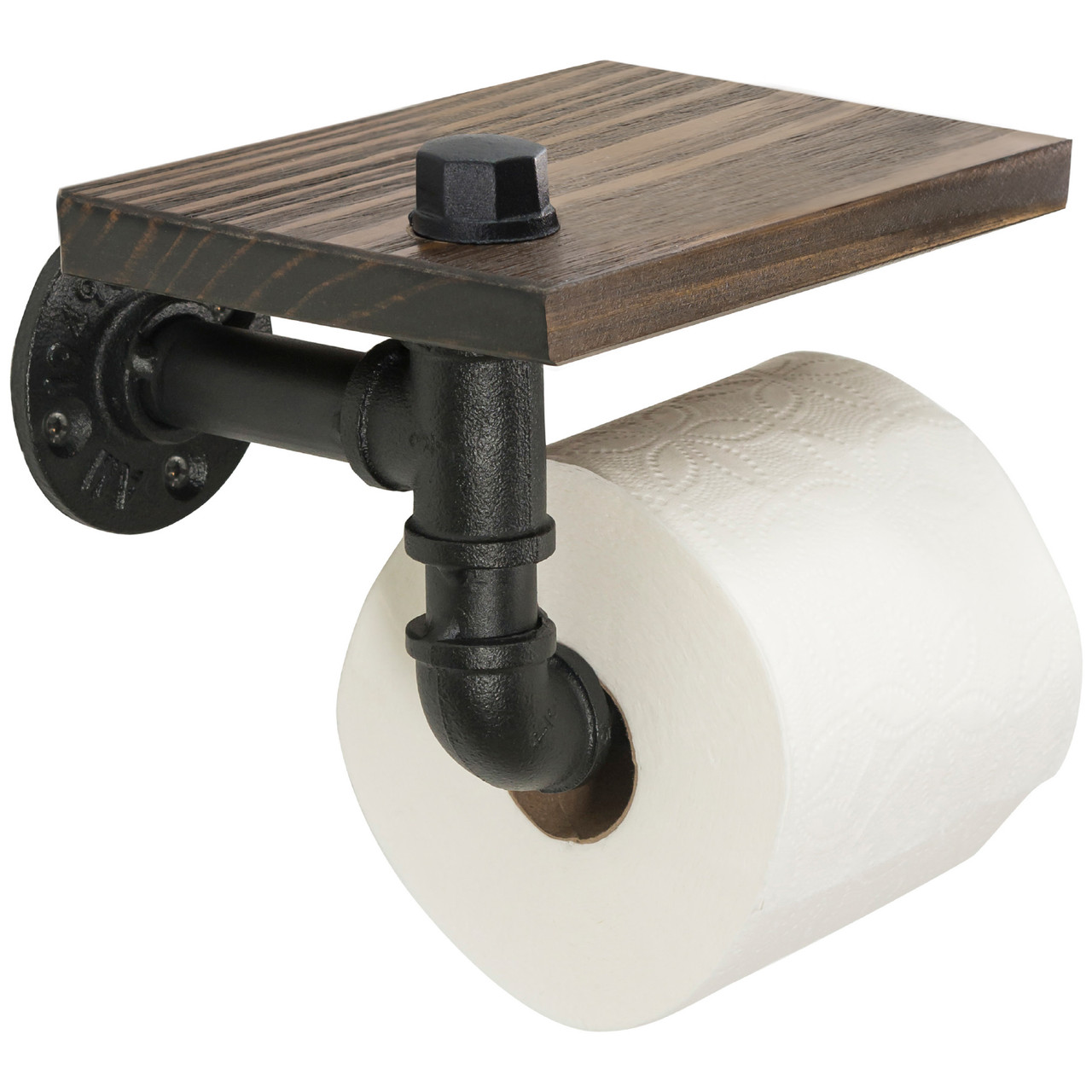 Excello Global Products Industrial Toilet Paper Holder with Rustic Wooden Shelf and Cast Iron Pipe