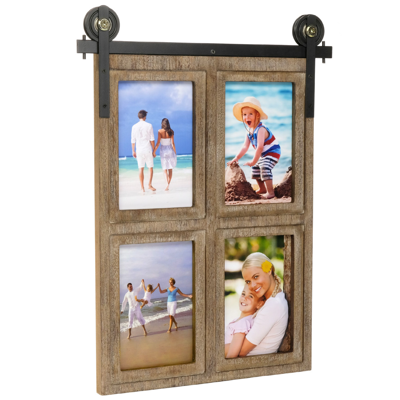 Wheeled Barndoor Collage Frame - Holds Four 4x6 Photos - Excello