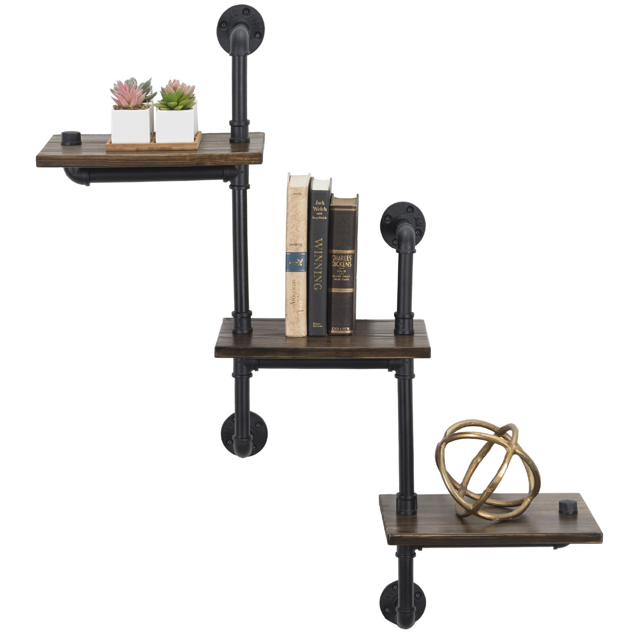 Excello Global Products Industrial Toilet Paper Holder with Rustic Wooden Shelf and Cast Iron Pipe