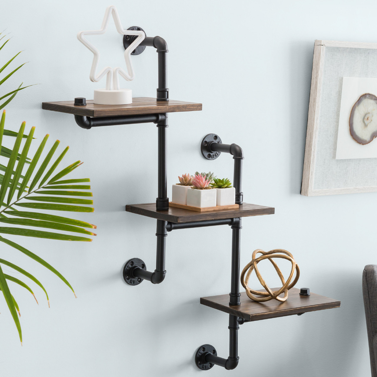 Excello Global Products Industrial Toilet Paper Holder with Rustic Wooden Shelf and Cast Iron Pipe