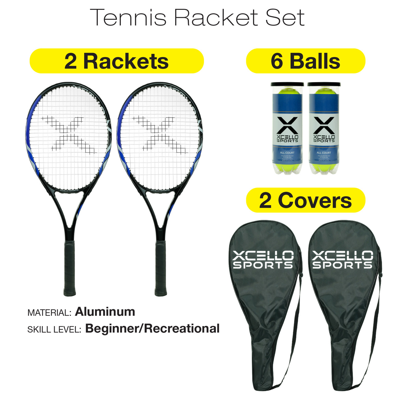 Xcello Sports 2-Player Aluminum Tennis Racket Set - Includes Two Rackets. Six All Court Balls, and Carry Cases - 23" or 27" - Excello Global Brands