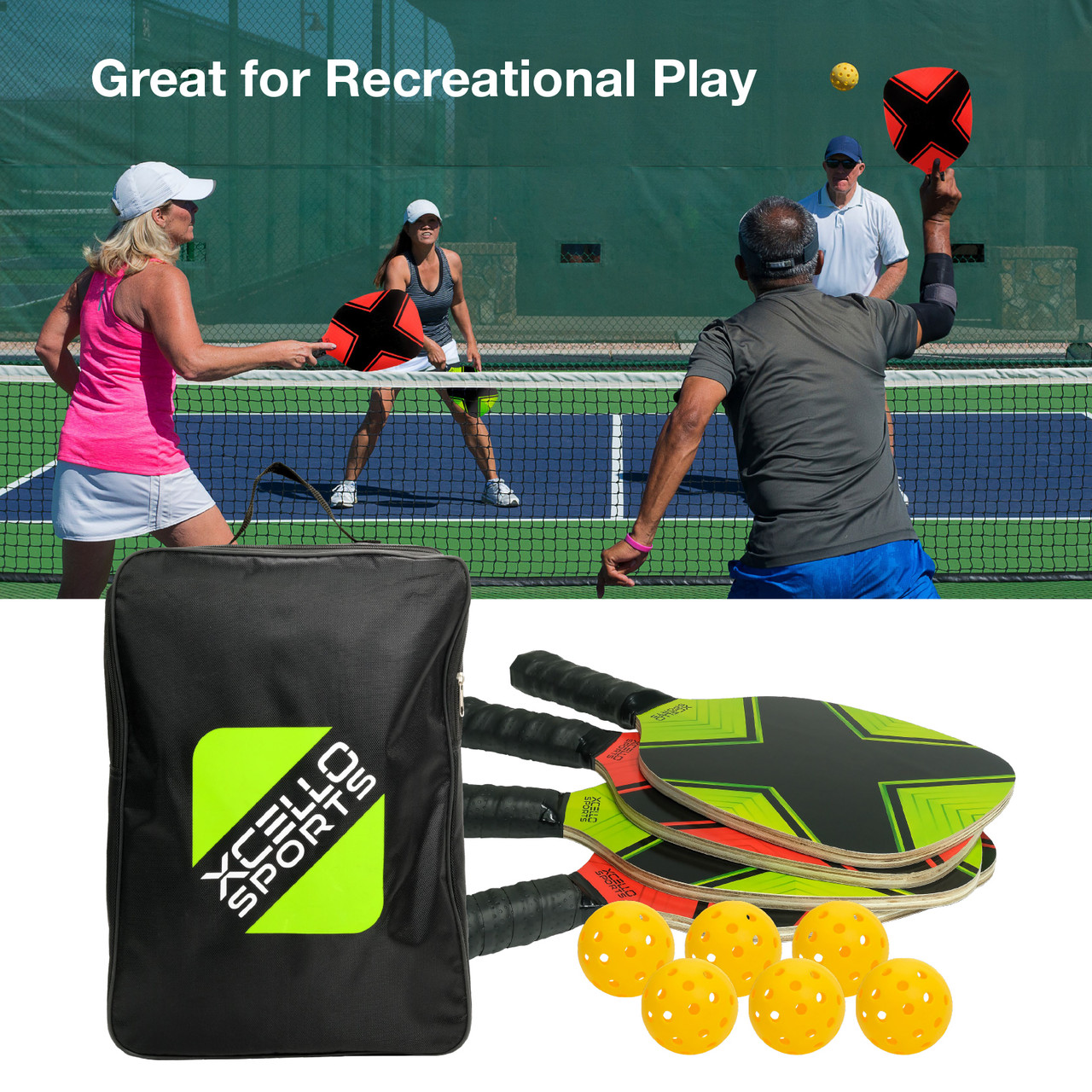 Xcello Sports Pickle Ball 4 Piece Premium Racket Set with 6 Outdoor ...