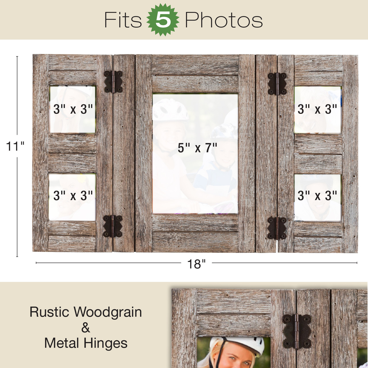 Excello Global Products Vintage Farmhouse Window Photo Frame: Rustic Hanging Distressed Wood Collage Picture Frame. Holds Four 4x6 or 5x7 Photos