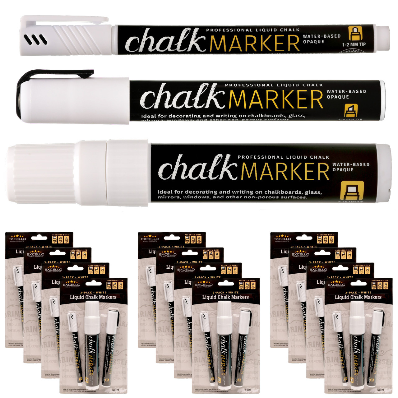 Excello Global Products Liquid Chalk Markers, White, Assorted Tip Sizes,  3-pack