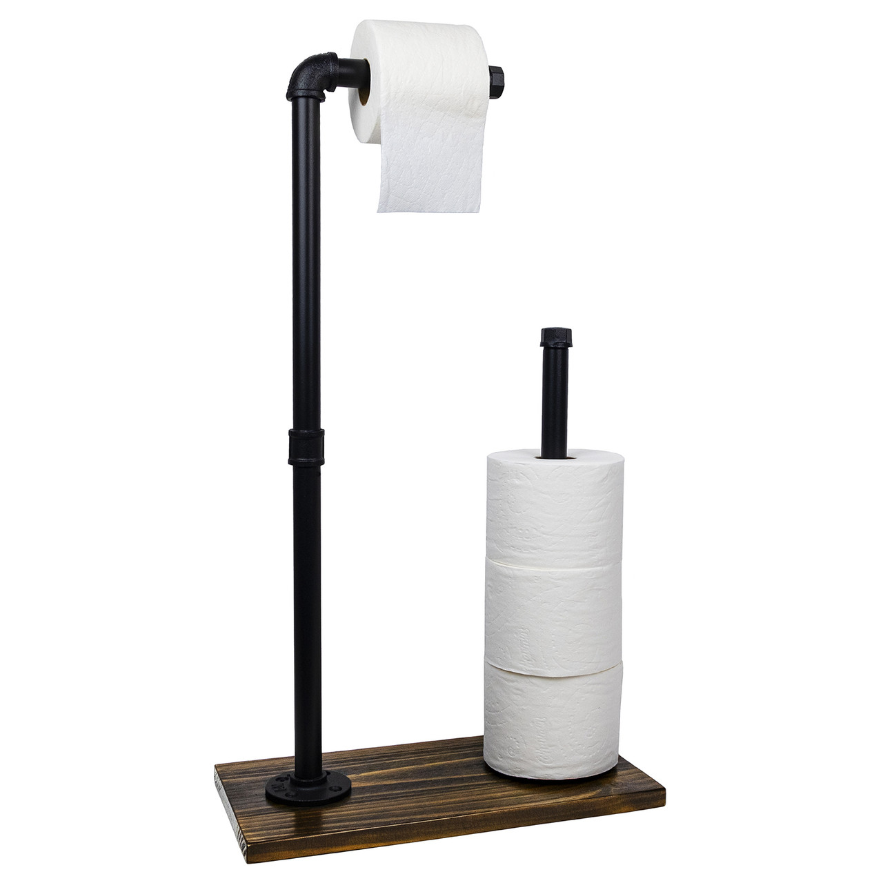 Freestanding Toilet Paper Stand – Black Metal Pipe With Weathered White Wood Base, Holds 1 Active + 3 Backup Rolls