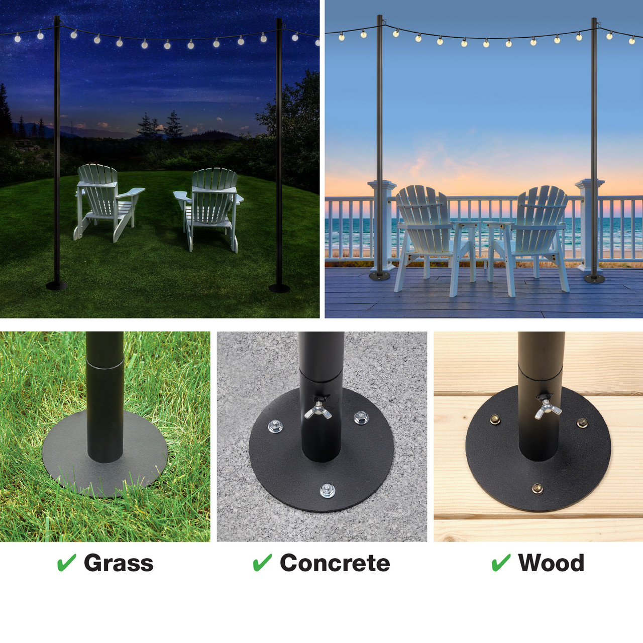 EXCELLO Premium String Light Pole – Extends To 10ft, Heavy-Duty Steel, Yard Mount For Grass/Dirt (1-Pack)
