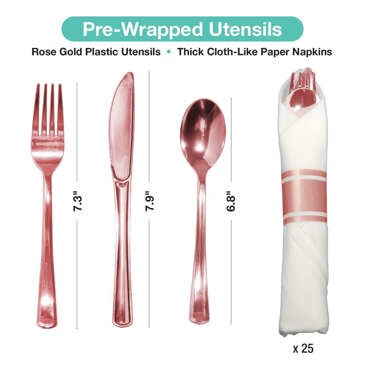 Pre Wrapped Cutlery Set- 25 sets of Fork, Knife, Spoon wrapped in a ...