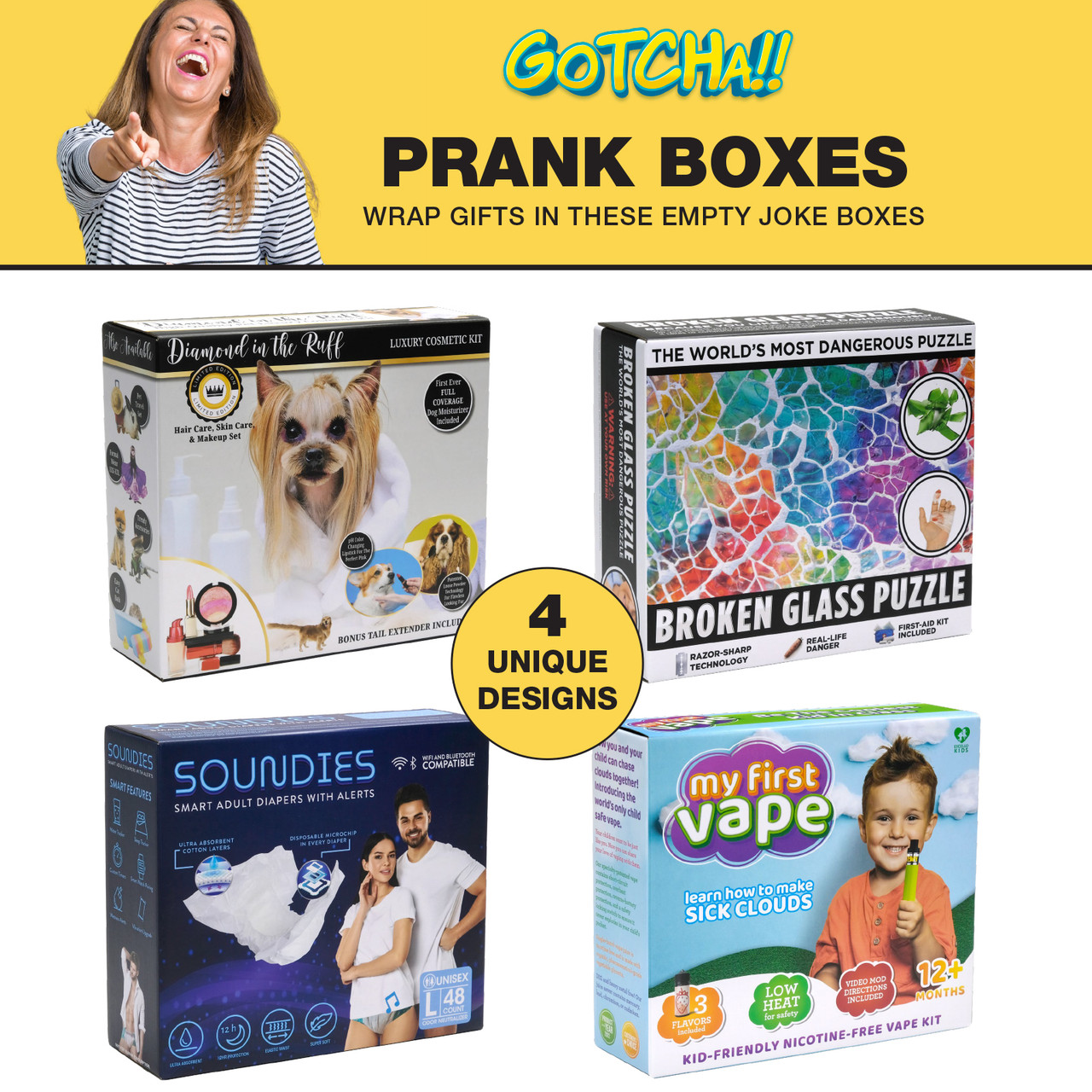 Prank Gift Boxes - Includes 4 unique and funny gag-gift boxes - 10x9x3,  Assortment 2