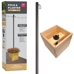 Excello Global Products Large 14" x 14" Natural Wooden Planter Box with 10' String Light Pole