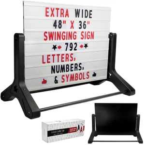 Swinging Changeable Message Sidewalk Sign: 48" x 36" Sign with 792 Pre-Cut Double Sided Letters and Storage Box. Includes Black Board & Letter Board (Black Color Legs)
