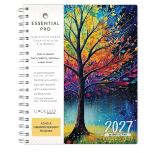 Excello Brands 2027 Essential Pro 14-Month Weekly & Monthly Planner, 7" x 9", Black Tree Seasons