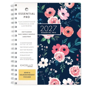 Excello Brands 2027 Essential Pro 14-Month Weekly & Monthly Planner, 7" x 9", Small Navy Floral