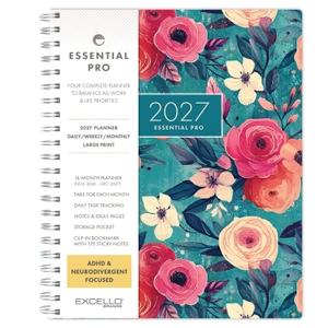 Excello Brands 2027 Essential Pro 14-Month Weekly & Monthly Planner, 8.5" x 11", Teal Floral
