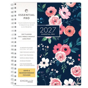 Excello Brands CY27 Essential Pro 14 Month - Monthly & Weekly Planner 8.5" X 11" (Small Navy Floral)