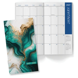 Excello Brands 2-Year Monthly Calendar Pocket Planner - 2027/2028 (Teal Gold Marble)