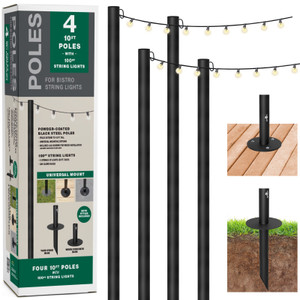 Bistro String Light Poles - 4 Pack - Extends to 10 Feet - Universal Mounting Options Included with 100 ft. of G40 LED Lights (100 lights) Bistro String Light Poles - 4 Pack - Extends to 10 Feet - Universal Mounting Options Included with 100 ft. of G40 LED Lights (100 lights)