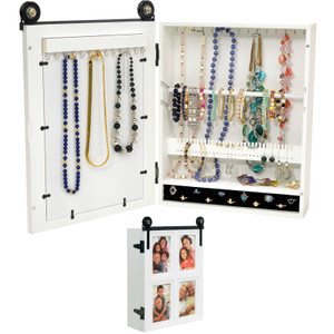 Barndoor Picture Frame Jewelry Organizer - Holds Four 4x6" Photos (White) Barndoor Picture Frame Jewelry Organizer - Holds Four 4x6" Photos (White)
