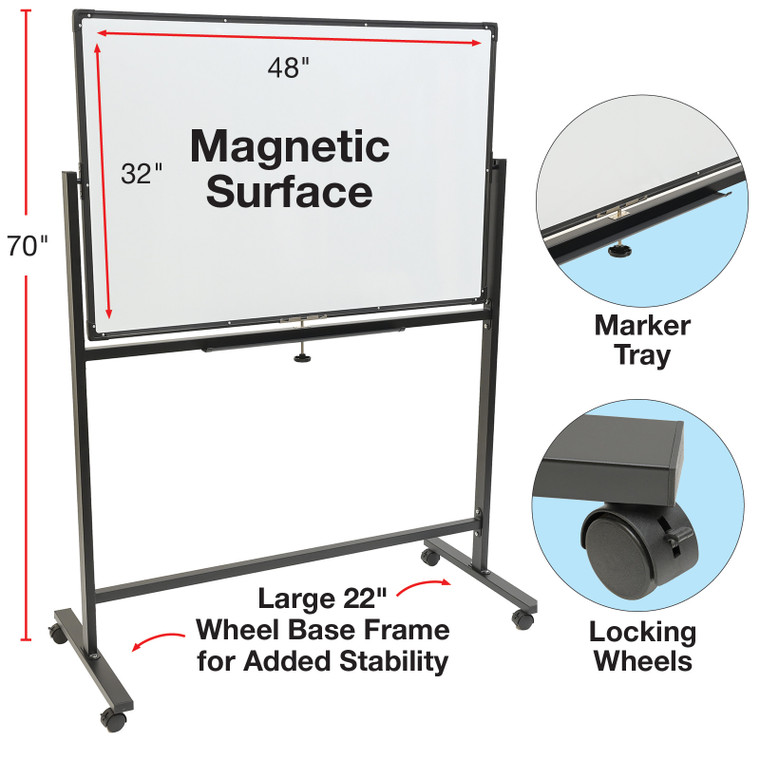 Excello Global Products Reversible Whiteboard on Wheels - 48"x32" (Black Frame)
