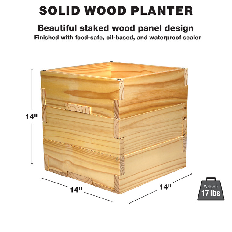 Excello Global Products Large 14" x 14" Natural Wooden Planter Box with 10' String Light Pole