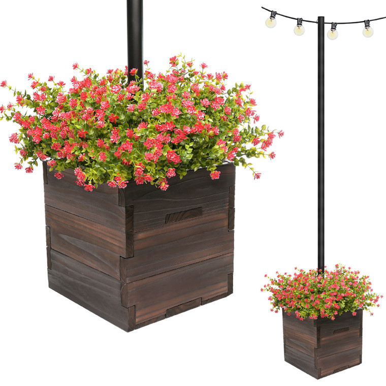 Excello Global Products Large 14" x 14" Brown Wooden Planter Box with Pole Sleve for String Light Poles/Bird Feeders/etc