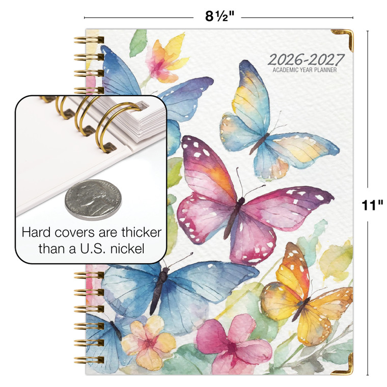 Excello Brands Hardcover AY 2026-2027 Fashion Planner - 8.5"x11" (Watercolor Butterflies)