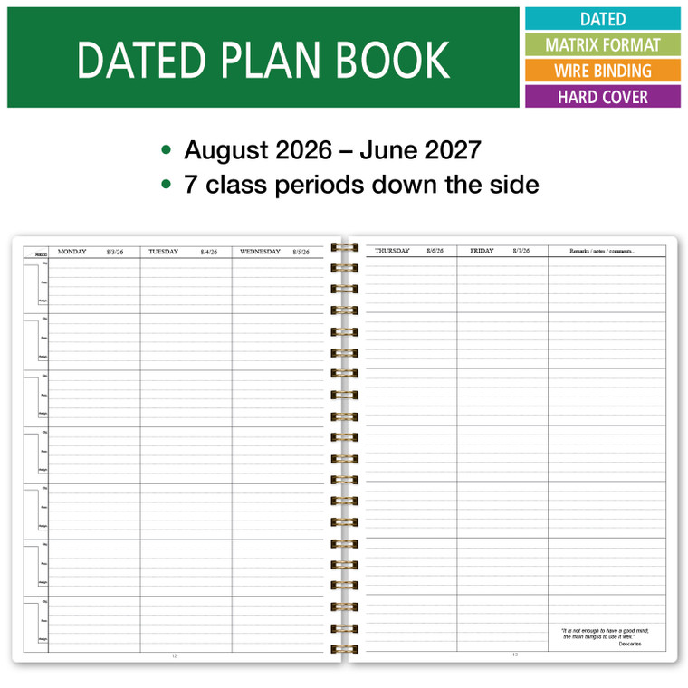 Elan Publishing Company AY 2026-2027 Teacher 7 Period Lesson Plan  - 8.5" X 11" (Teal Floral)