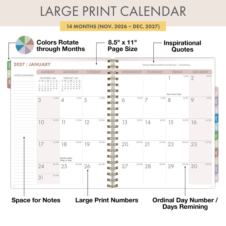 Excello Brands 2027 Essential Pro Deluxe 14-Month Weekly & Monthly Planner, 8.5" x 11", Black Tree Seasons