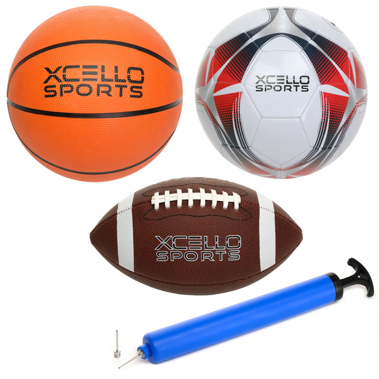 Xcello Sports Multi-Sport 3-Ball Set - Jr. Football, Official B7 Basketball and Size 5 Soccer Ball with Ball Pump