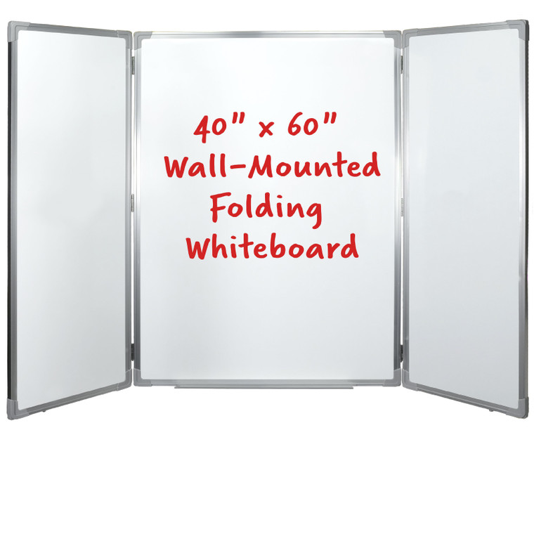  40” x  60” Wall-Mounted, Folding Whiteboard with Magnetic Surface and Flip-out Marker Tray