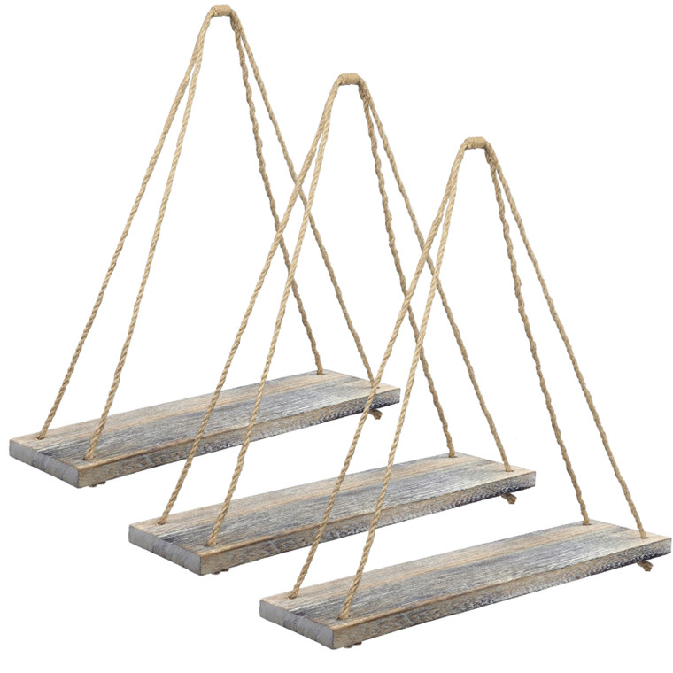 Rustic Distressed Wood Hanging Shelves: 17" Swing Rope Shelves (3-Pack)