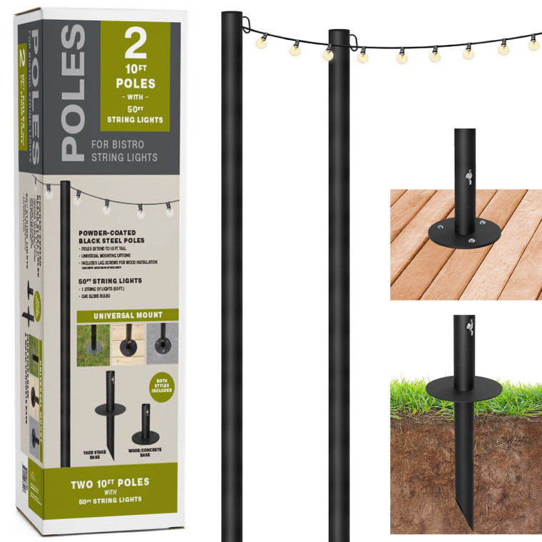 Bistro String Light Poles - 2 Pack - Extends to 10 Feet - Universal Mounting Options Included with 50 ft. of G40 Lights