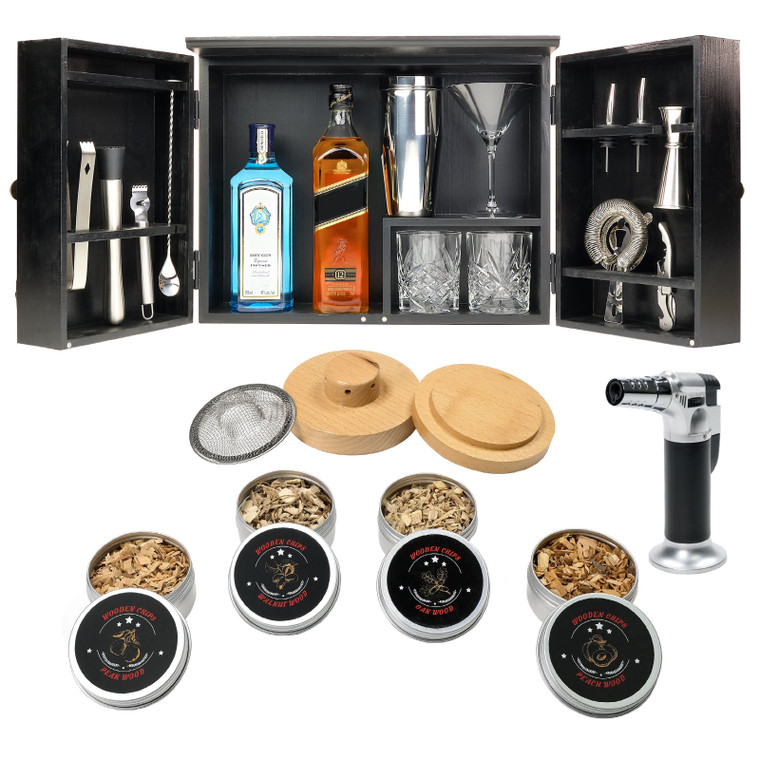 Barndoor Bar Cabinet with 10 Piece Bar Set - Black Deluxe Smoker Set