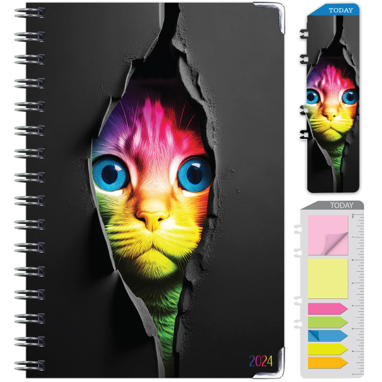 HARDCOVER 2024 Planner: (November 2023 Through December 2024) 5.5"x8" Daily Weekly Monthly Planner Yearly Agenda. Bookmark, Pocket Folder and Sticky Note Set (Rainbow Cat)