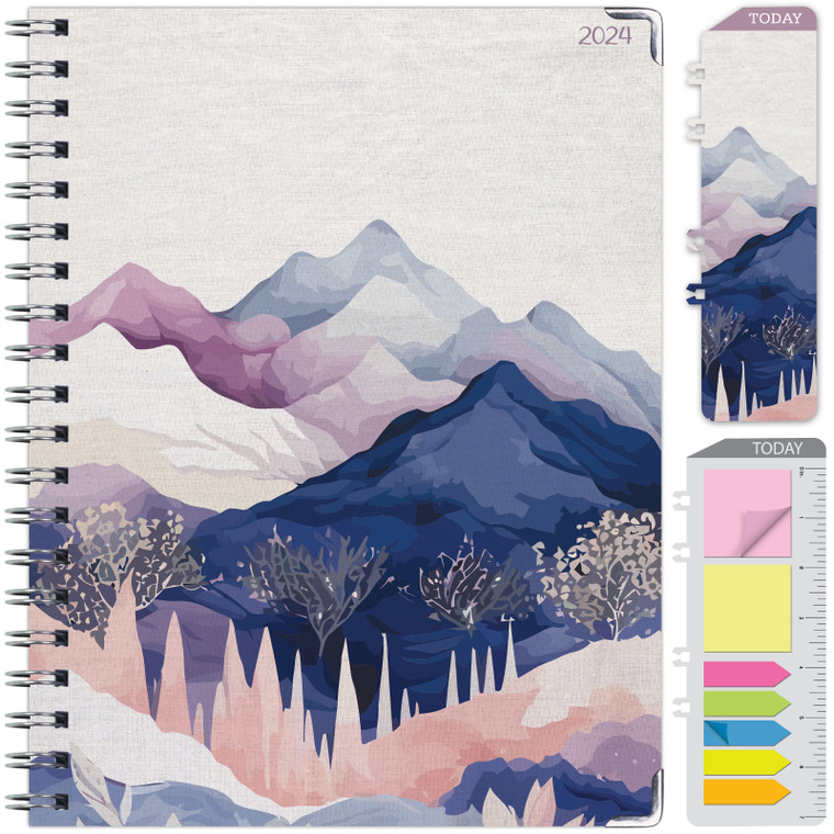 HARDCOVER 2024 Planner: (November 2023 Through December 2024) 8.5"x11" Daily Weekly Monthly Planner Yearly Agenda. Bookmark, Pocket Folder and Sticky Note Set (Pastel Mountains)