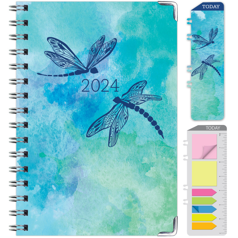 HARDCOVER 2024 Planner: (November 2023 Through December 2024) 5.5"x8" Daily Weekly Monthly Planner Yearly Agenda. Bookmark, Pocket Folder and Sticky Note Set (Dragonflies)