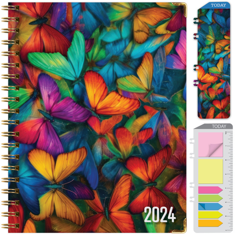 HARDCOVER 2024 Planner: (November 2023 Through December 2024) 8.5"x11" Daily Weekly Monthly Planner Yearly Agenda. Bookmark, Pocket Folder and Sticky Note Set (Colorful Butterflies)