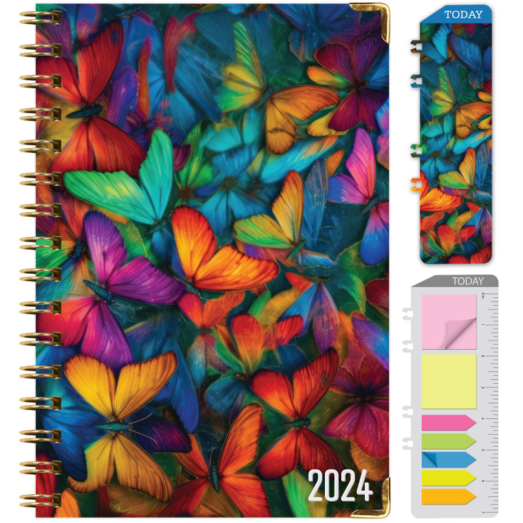 HARDCOVER 2024 Planner: (November 2023 Through December 2024) 5.5"x8" Daily Weekly Monthly Planner Yearly Agenda. Bookmark, Pocket Folder and Sticky Note Set (Colorful Butterflies)