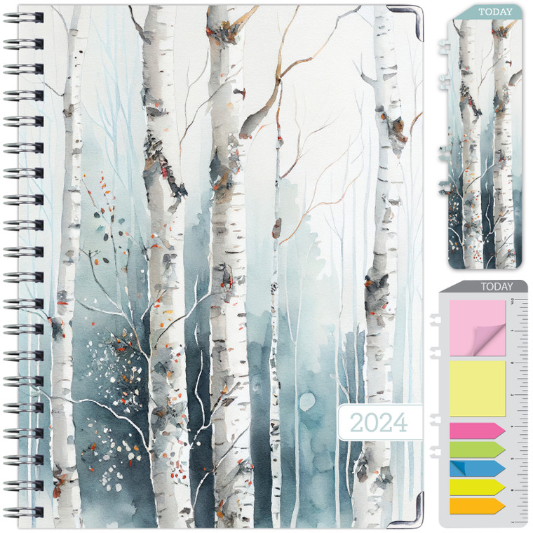 HARDCOVER 2024 Planner: (November 2023 Through December 2024) 8.5"x11" Daily Weekly Monthly Planner Yearly Agenda. Bookmark, Pocket Folder and Sticky Note Set (Cold Forest)