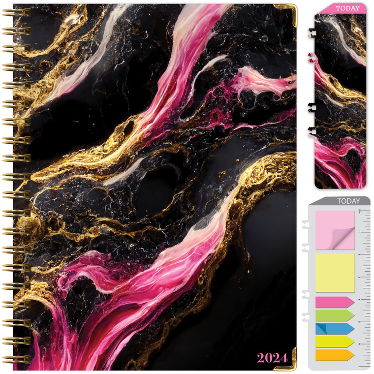 HARDCOVER 2024 Planner: (November 2023 Through December 2024) 8.5"x11" Daily Weekly Monthly Planner Yearly Agenda. Bookmark, Pocket Folder and Sticky Note Set (Dark Gold Marble)