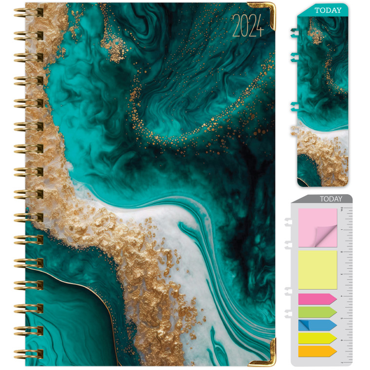 HARDCOVER 2024 Planner: (November 2023 Through December 2024) 5.5"x8" Daily Weekly Monthly Planner Yearly Agenda. Bookmark, Pocket Folder and Sticky Note Set (Teal Gold Marble)