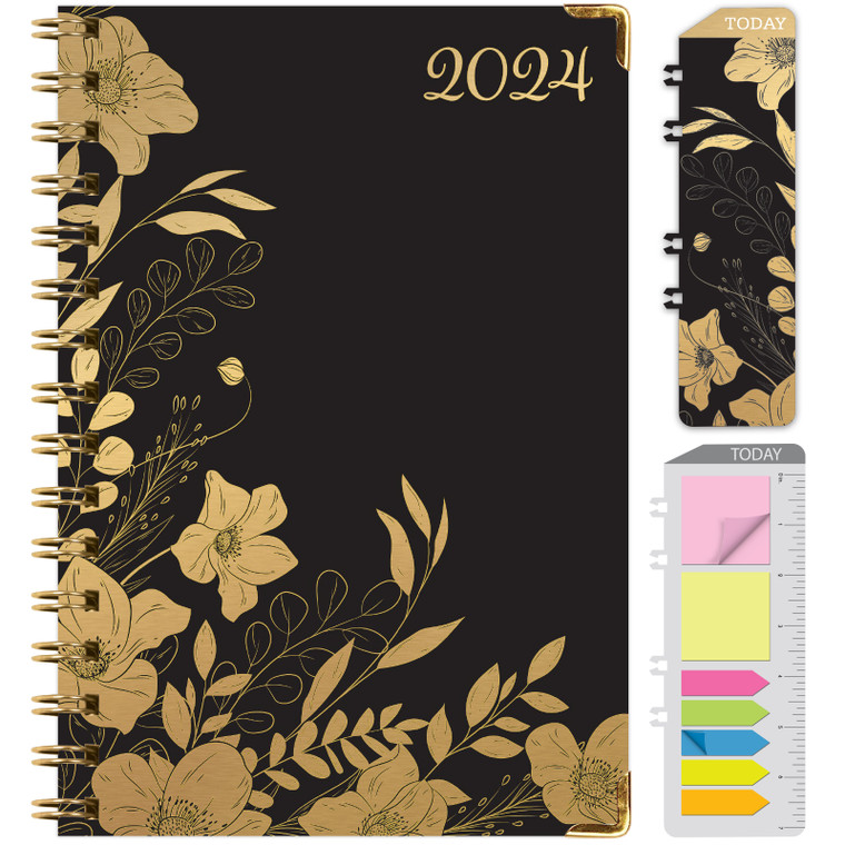 HARDCOVER 2024 Planner: (November 2023 Through December 2024) 5.5"x8" Daily Weekly Monthly Planner Yearly Agenda. Bookmark, Pocket Folder and Sticky Note Set (Golden Floral)