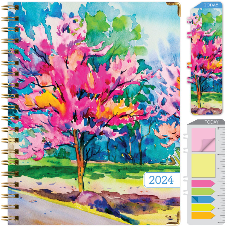 HARDCOVER 2024 Planner: (November 2023 Through December 2024) 8.5"x11" Daily Weekly Monthly Planner Yearly Agenda. Bookmark, Pocket Folder and Sticky Note Set (Watercolor Tree)
