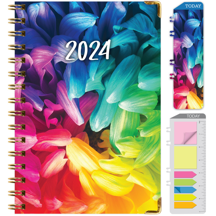 HARDCOVER 2024 Planner: (November 2023 Through December 2024) 5.5"x8" Daily Weekly Monthly Planner Yearly Agenda. Bookmark, Pocket Folder and Sticky Note Set (Rainbow Petals)