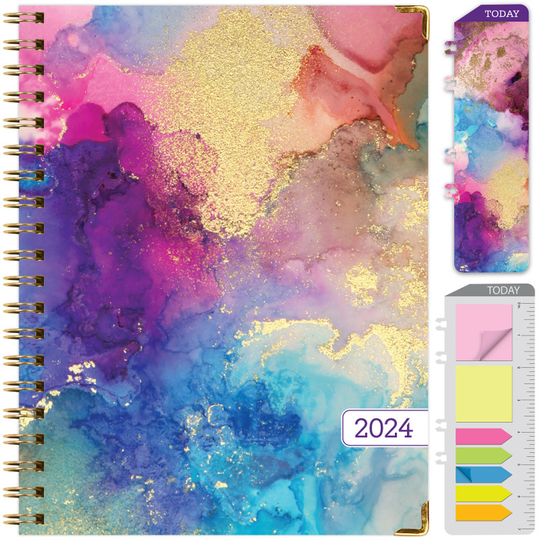 HARDCOVER 2024 Planner: (November 2023 Through December 2024) 8.5"x11" Daily Weekly Monthly Planner Yearly Agenda. Bookmark, Pocket Folder and Sticky Note Set (Rainbow Gold Marble)