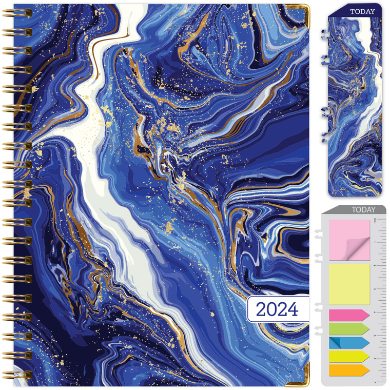 HARDCOVER 2024 Planner: (November 2023 Through December 2024) 8.5"x11" Daily Weekly Monthly Planner Yearly Agenda. Bookmark, Pocket Folder and Sticky Note Set (Blue White Marble)