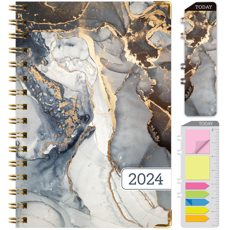 HARDCOVER 2024 Planner: (November 2023 Through December 2024) 5.5"x8" Daily Weekly Monthly Planner Yearly Agenda. Bookmark, Pocket Folder and Sticky Note Set (Black Gold Marble)