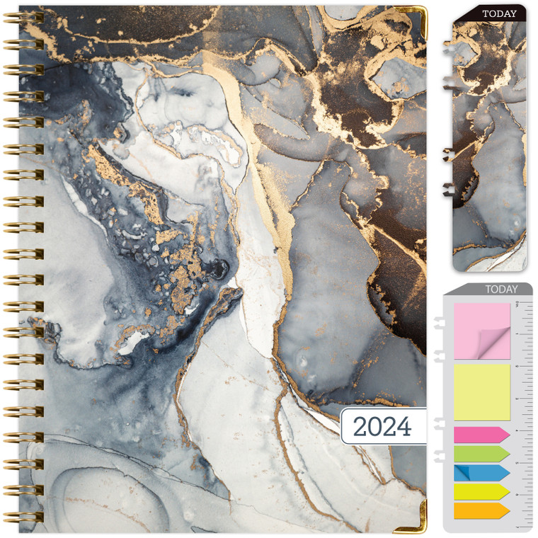 HARDCOVER 2024 Planner: (November 2023 Through December 2024) 8.5"x11" Daily Weekly Monthly Planner Yearly Agenda. Bookmark, Pocket Folder and Sticky Note Set (Black Gold Marble)