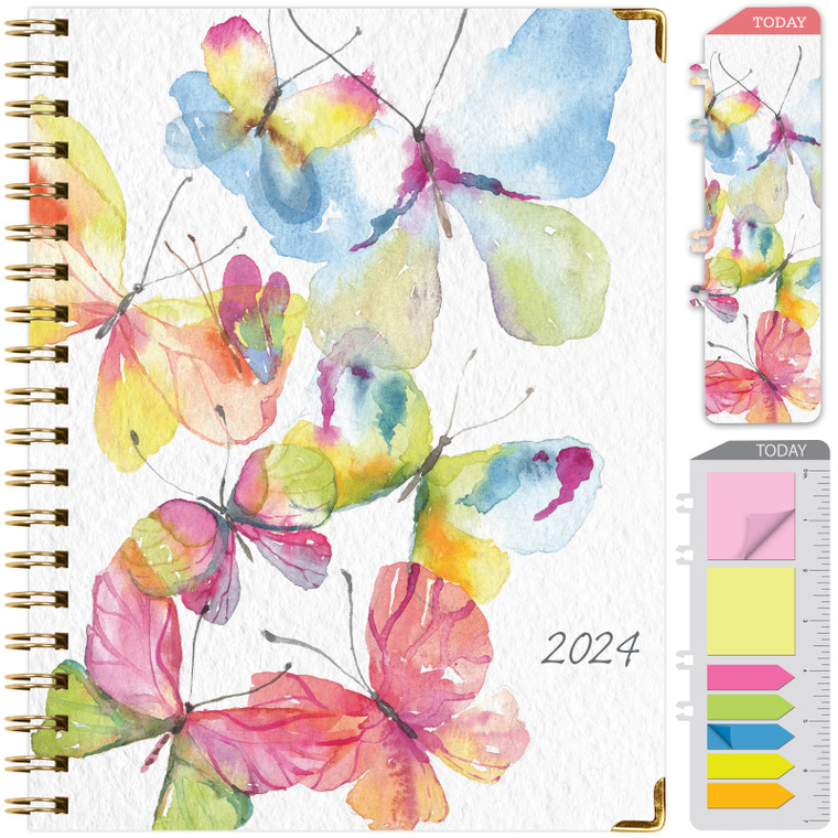 HARDCOVER 2024 Planner: (November 2023 Through December 2024) 8.5"x11" Daily Weekly Monthly Planner Yearly Agenda. Bookmark, Pocket Folder and Sticky Note Set (Watercolor Butterflies)